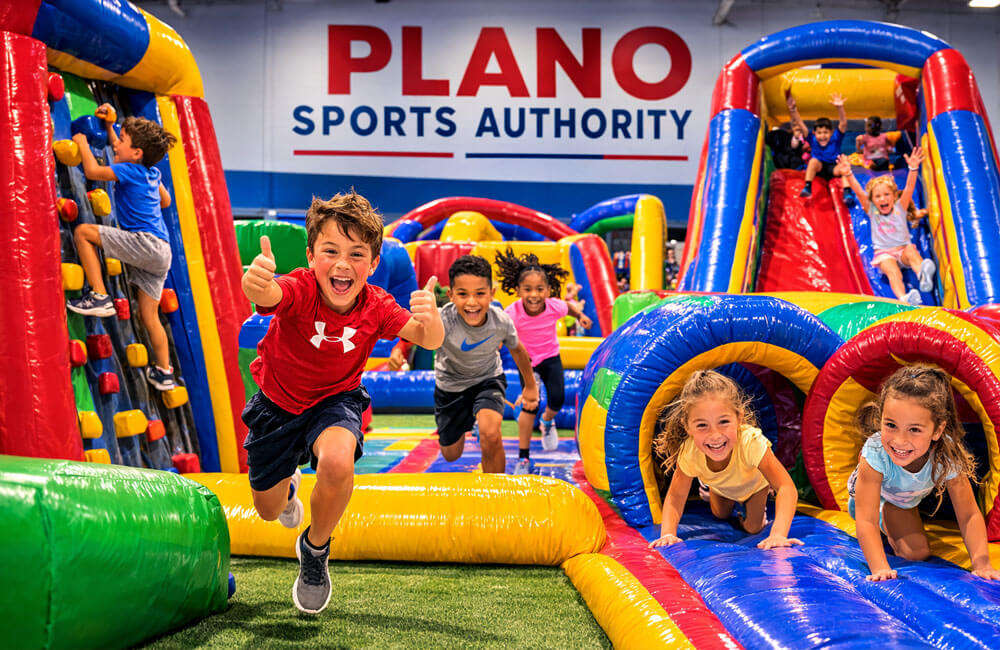 Indoor obstacle course and bounce house rental setup at Plano Sports Authority in Plano TX