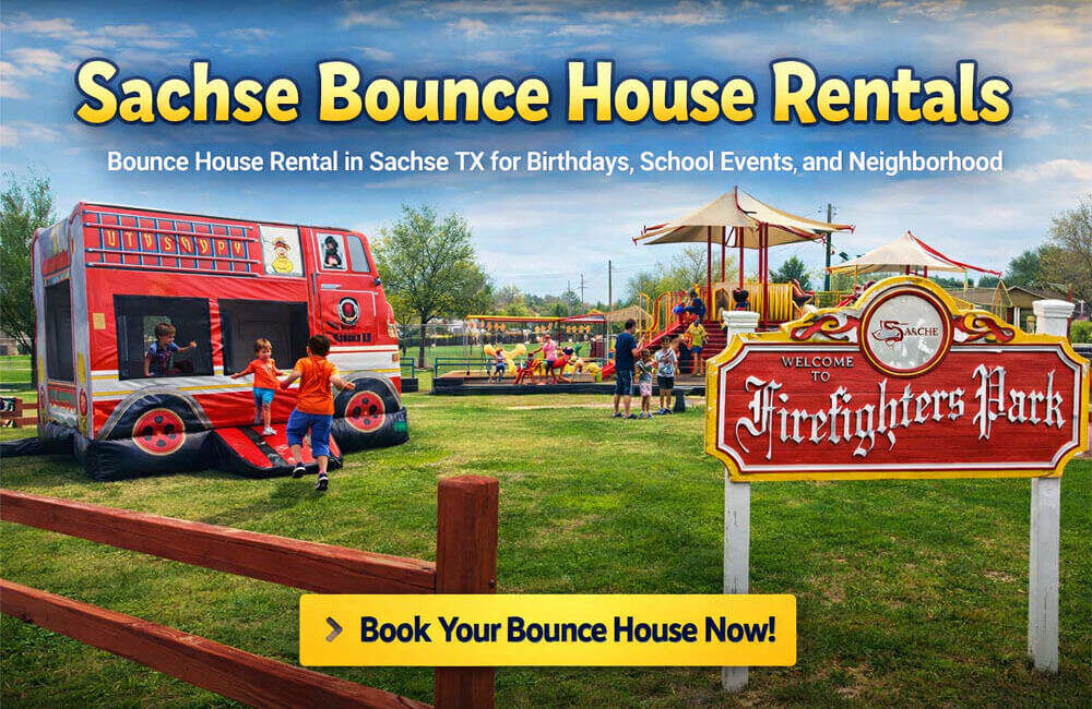 Sachse bounce house rental setup at a local park in Sachse Texas