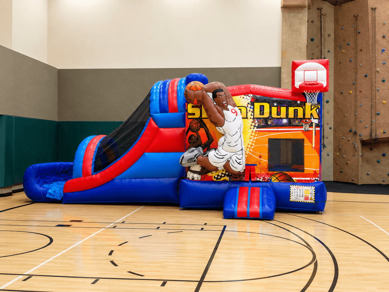 Basketball combo inflatable set up in a gym for youth sports events