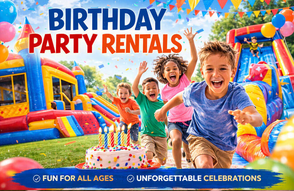 Birthday party rentals with bounce houses, water slides, and inflatable games
