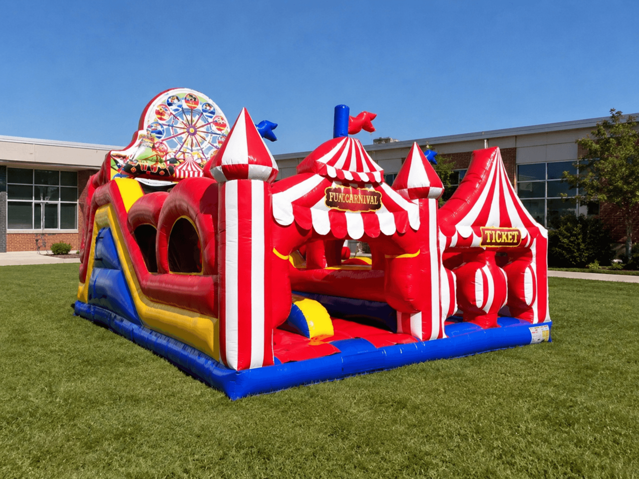 Carnival obstacle course rental on grass for a school PTA or PTO event