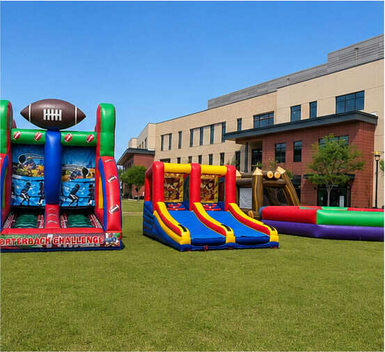 Church festival inflatable setup with slides and games