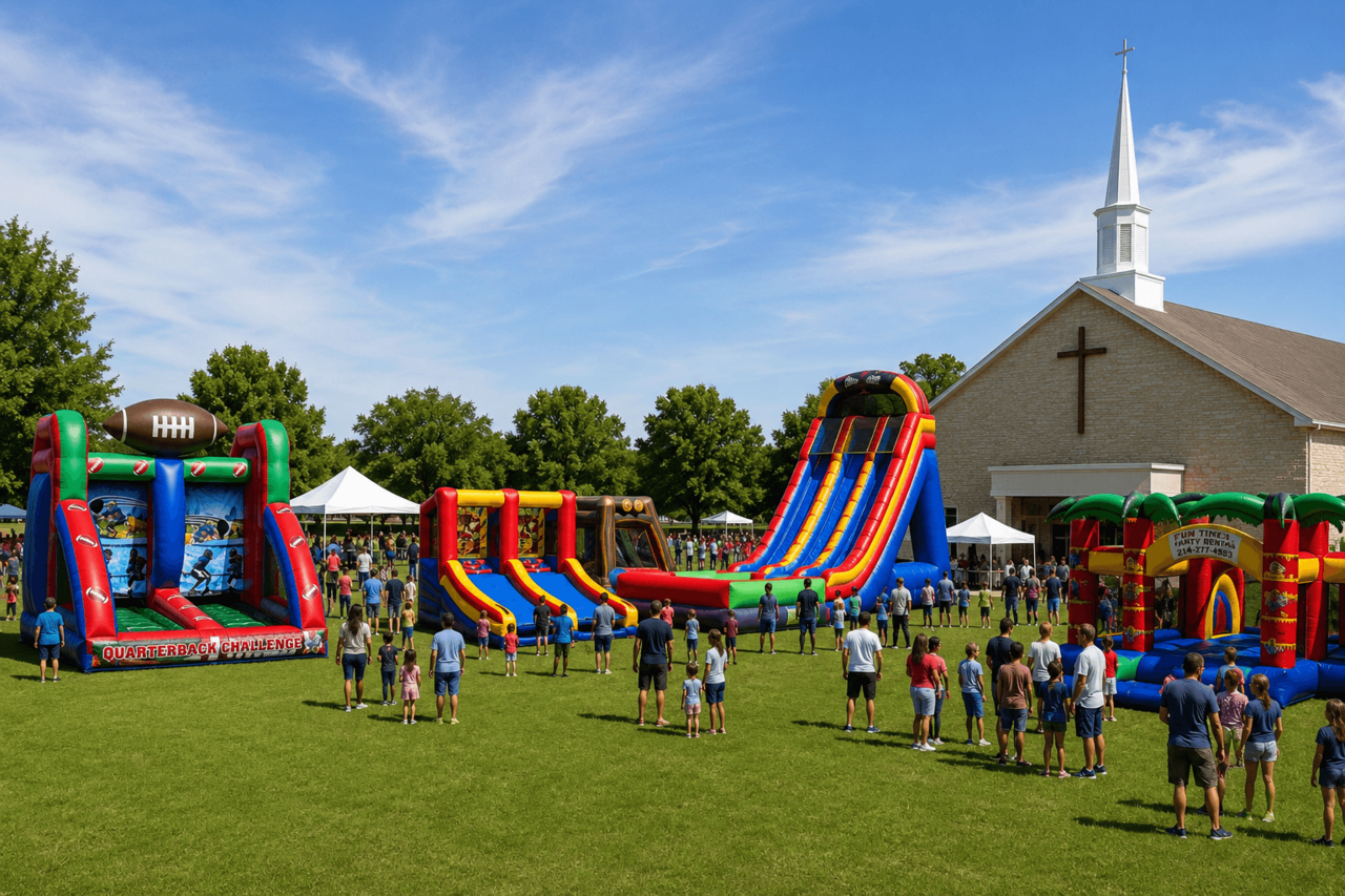 Church event and festival inflatable rentals with slides, games, and family activities