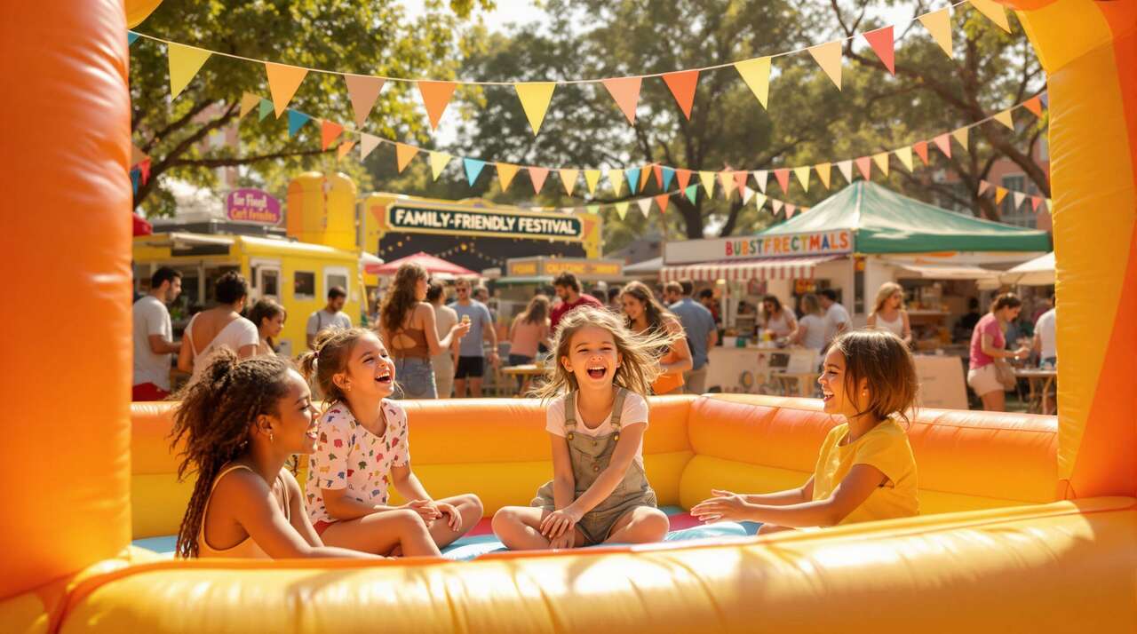 Kids laughing together on an inflatable at a family-friendly fall festival