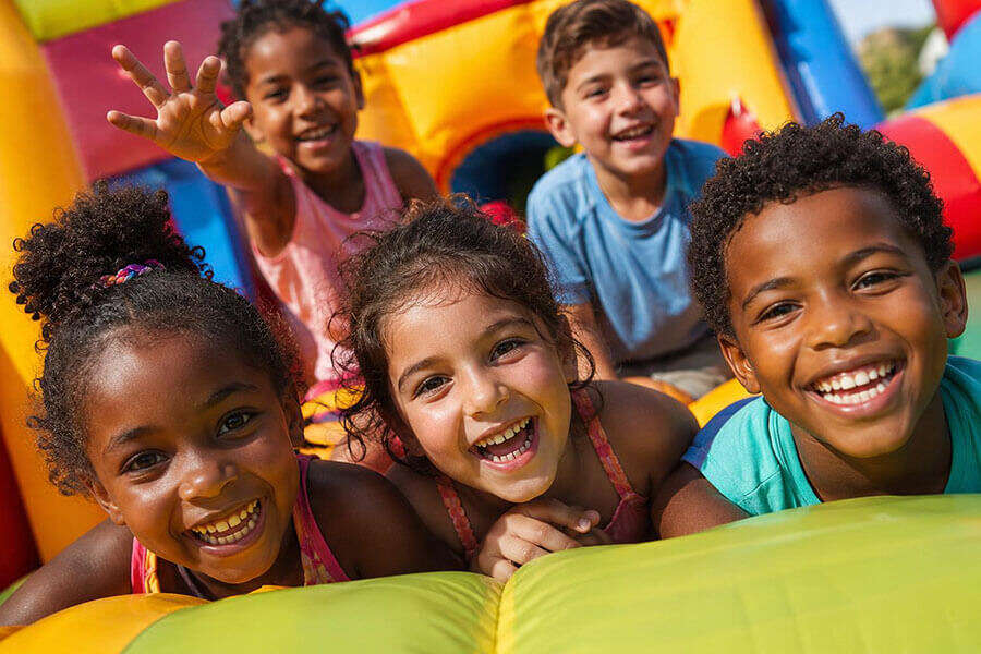Happy kids laughing and playing around a bounce house at a backyard party