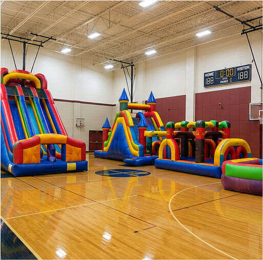 Indoor church inflatable setup in a gym