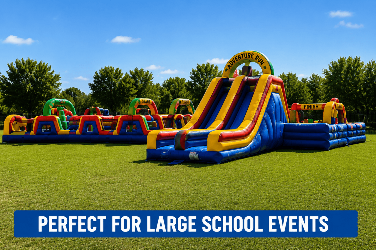 Large outdoor school field day inflatable setup