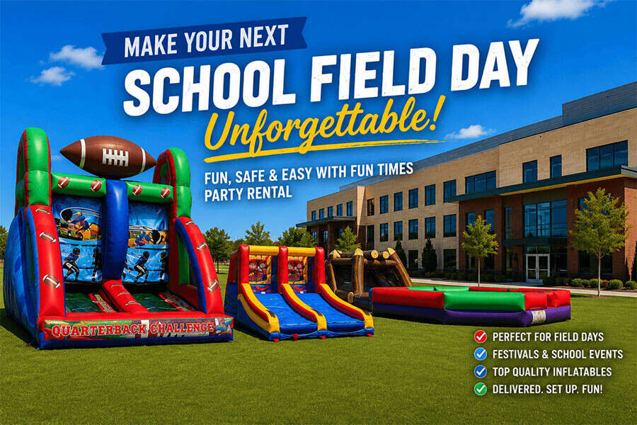 School field day inflatable rentals with obstacle courses, slides, and interactive games
