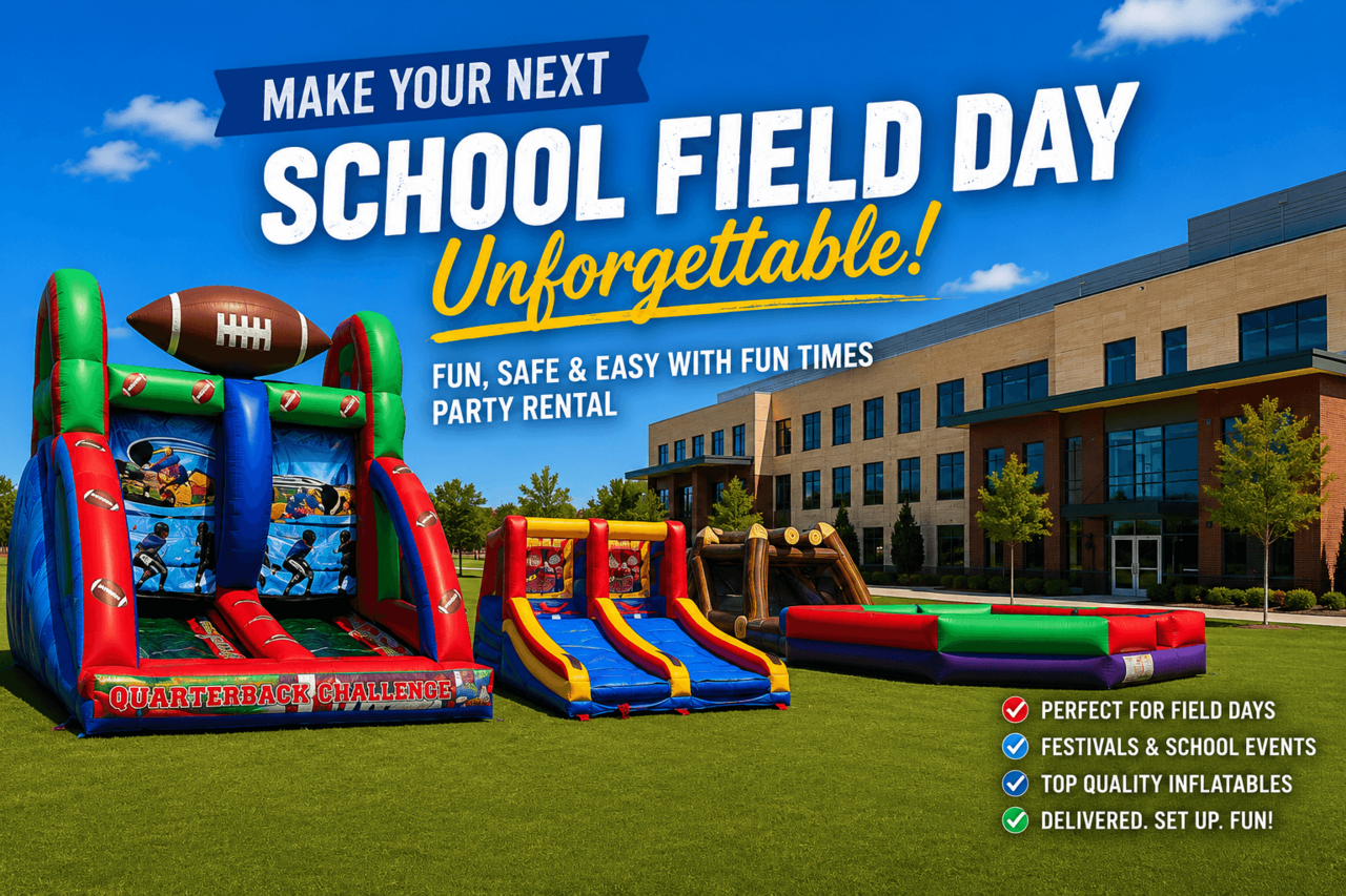School field day inflatable rentals with obstacle courses, slides, and interactive games