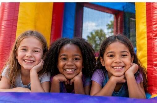 Three happy children enjoying time together inside a bounce house