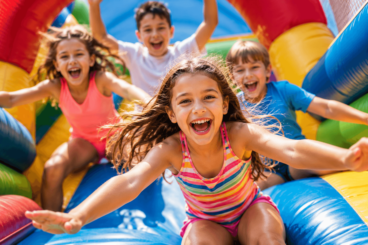 Kids laughing and having fun together on an inflatable water slide at a birthday party