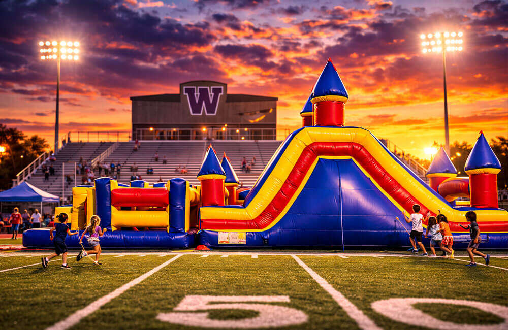 Inflatable obstacle course setup in Wylie Texas with local stadium backdrop