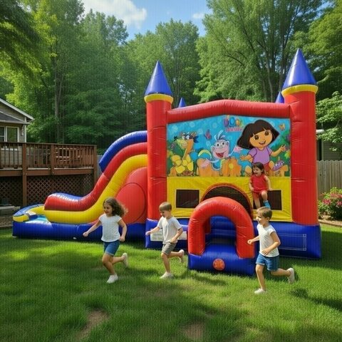 Dora Double Lane Water Slide with Bounce House 