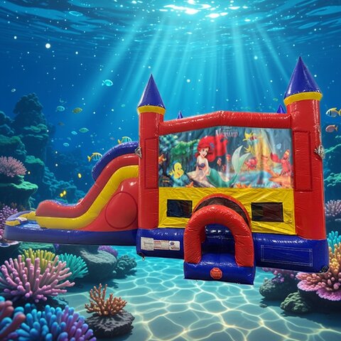Little Mermaid Double Lane Water Slide with Bounce House