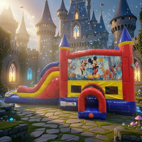 Mickey Mouse Double Lane Water Slide with Bounce House