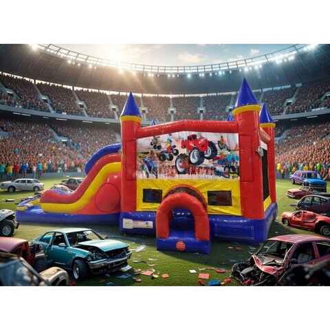 Monster Truck Double Lane Water Slide with Bounce House 