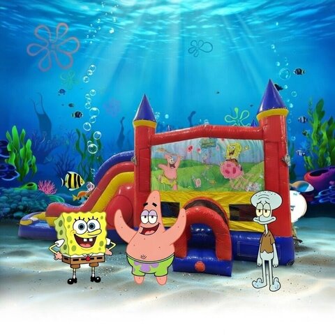 Sponge Bob Double Lane Water Slide with Bounce House 