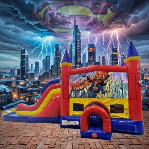 Superman Double Lane Water Slide with Bounce House 