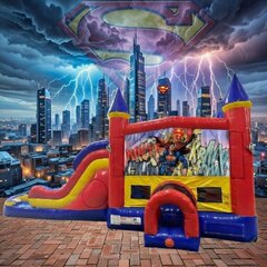 Superman Double Lane Water Slide with Bounce House 