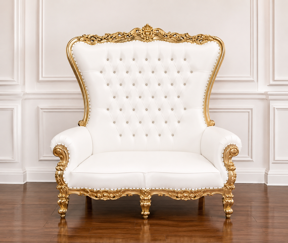White Leather/ Gold Trim Vintage Love Seat