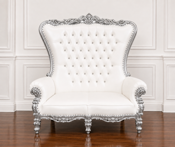 White Leather/ Silver Trim Vintage Love Seat