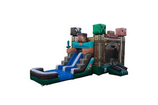 Pixel Bounce House with Double Lane Water Slide