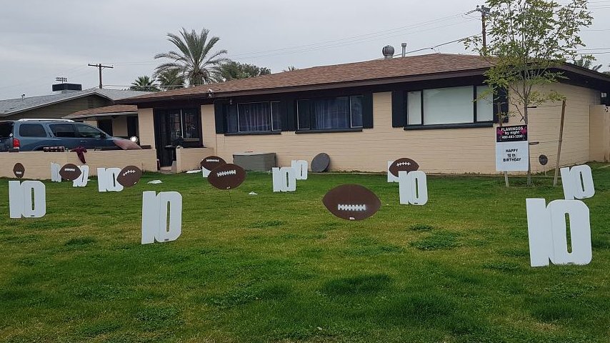 Happy 10th Birthday with footballs in yard