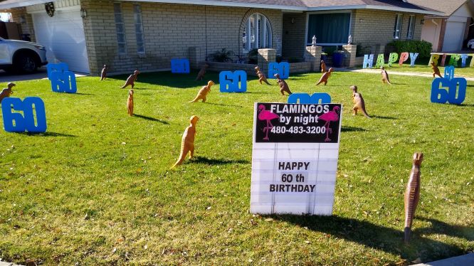 Yard Card sign birthday greeting of big 60s & dinosaurs near Phoenix