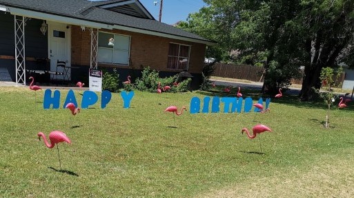 blue Happy Birthday letters & flamaingos in yard