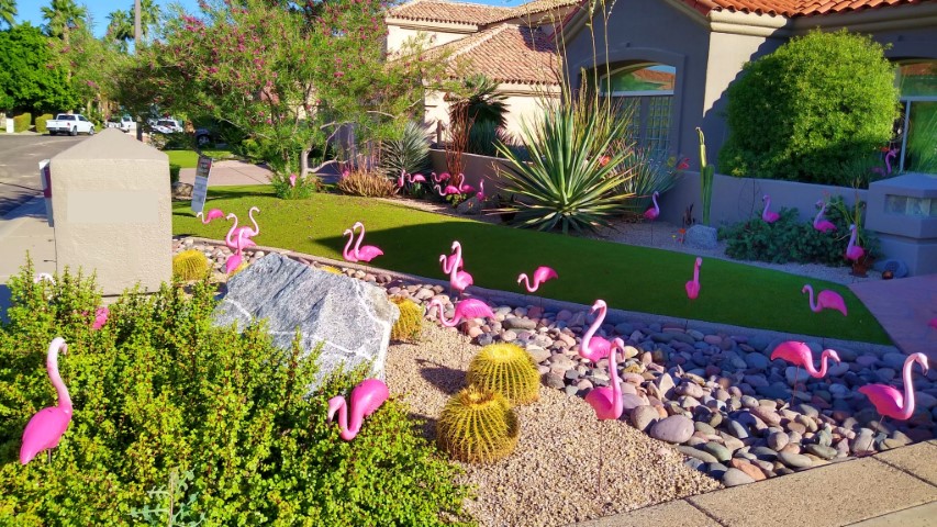 flamingos and astroturf yard display