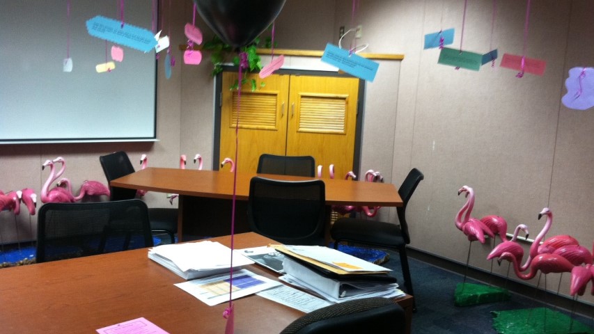 indoor office flamingo party