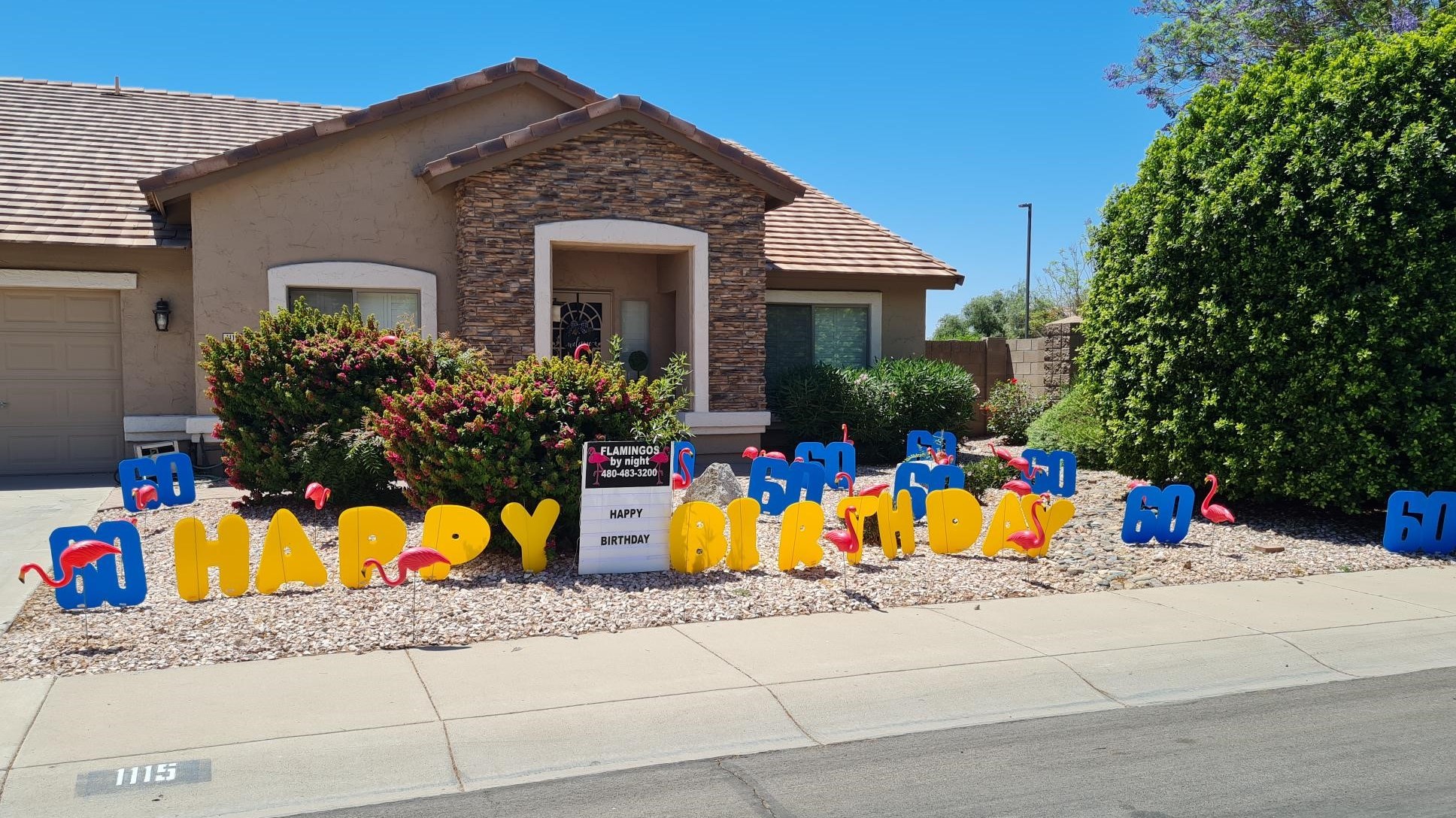 Happy birthday letters, big number 60s & flamingos yard decoration package in Gilbert Arizona