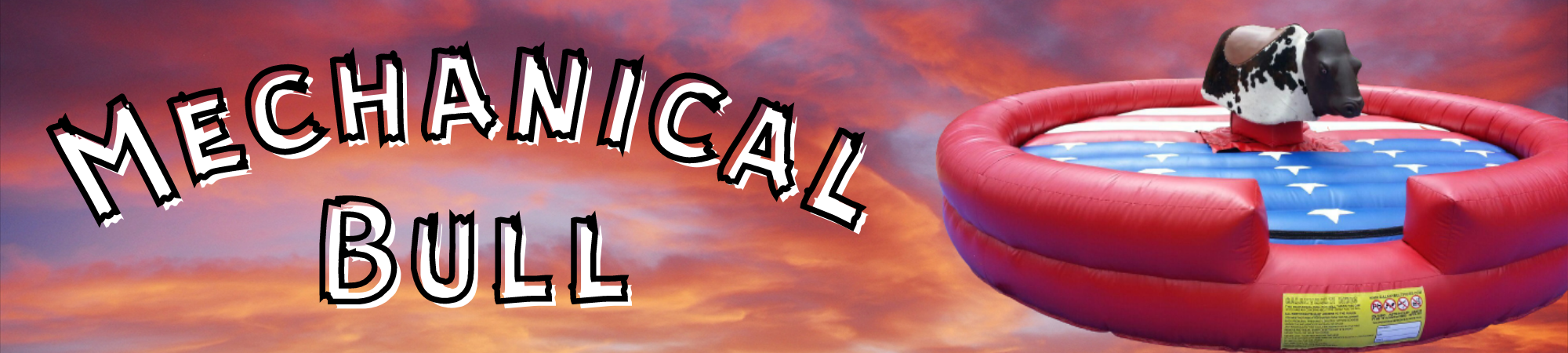 Promotional banner featuring a red and blue inflatable mechanical bull ride against a dramatic sky at sunset with the bold text 'MECHANICAL BULL' displayed prominently.