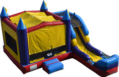 4 in 1 Combo (#213)Now AvailableSingle Lane water Slide, Bounce House, Climb Wall, Basketball Hoop, and Inflated landing pad