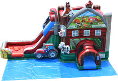 Farm Combo (#210-Dry) NOW AVAILABLESingle Lane Slide, Bounce House, Climb Wall, Basketball Hoop, and Inflated landing pad