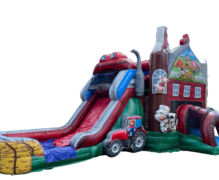 Farm Combo (#210-Wet) NOW AVAILABLESingle Lane water Slide, Bounce House, Climb Wall, Basketball Hoop, and Inflated landing pad