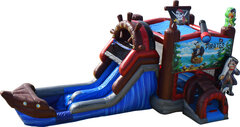 PIRATE SHIP COMBO (#219-Dry)  Available March 2023single Lane Slide, Bounce House, Climb Wall, Basketball Hoop, and Inflated landing pad