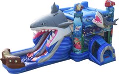 SHARK COMBO (DRY) Available SEPTEMBER 2022Dual Lane water Slide, Bounce House, Climb Wall, Basketball Hoop, and Inflated landing pad