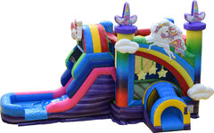 Unicorn Combo (#209-Wet) NOW AVAILABLESingle Lane water Slide, Bounce House, Climb Wall, Basketball Hoop, and Inflated landing pad
