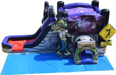 ZOMBIE COMBO (DRY) Available SEPTEMBER 2022Single Lane water Slide, Bounce House, Climb Wall, Basketball Hoop, and Inflated landing pad
