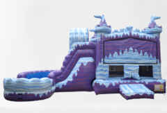 Frozen Palace (#211-Dry)NOW AVAILABLESingle Lane water Slide, Bounce House, Climb Wall, Basketball Hoop, and Inflated landing pad
