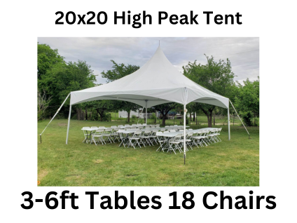 20x20 High Peak Tent 3 tables, 18 chairs