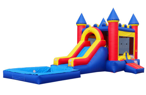 Red and Blue Bounce House with Slide and large pool