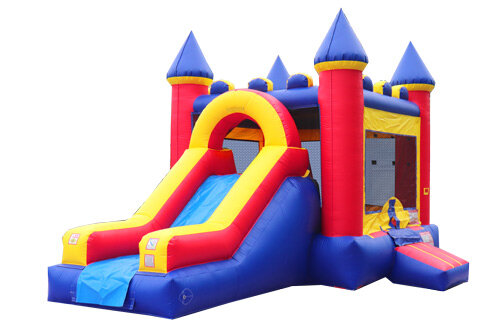 Red and Blue Bounce house with slide