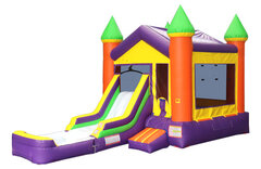 Picture of Front Load Orange and purple Bounce House with Slide and large pool