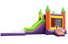Picture of Orange and Green Bounce House with Slide and large pool