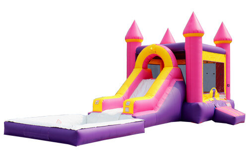 Pink Bounce house with slide and large pool.
