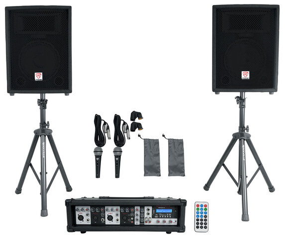 Rockville RPG2X10 Package PA System Mixer/Amp+10″ Speakers+Stands+2 Mics+Bluetooth