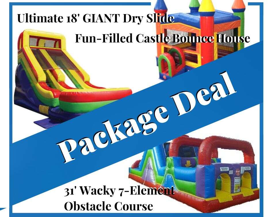 Promotional graphic featuring inflatable party rentals including a giant dry slide, castle bounce house, and obstacle course package deal for events and birthdays.