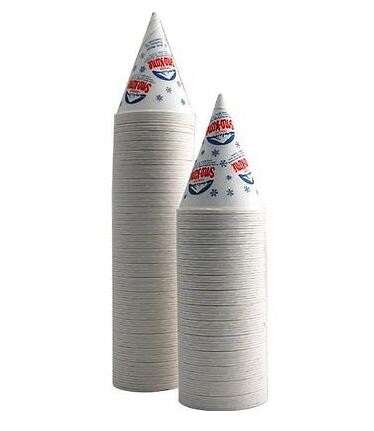 Stack of disposable snow cone paper cups with printed snowflake design for shaved ice, carnival, and concession stand use.